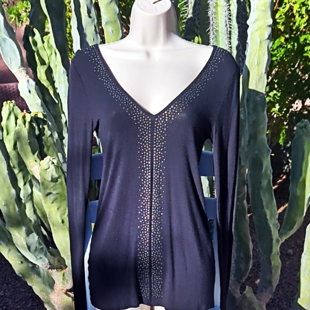 Bailey 44 Black Micro Grommet Sequin Deep V Neck Long Sleeve Top XS